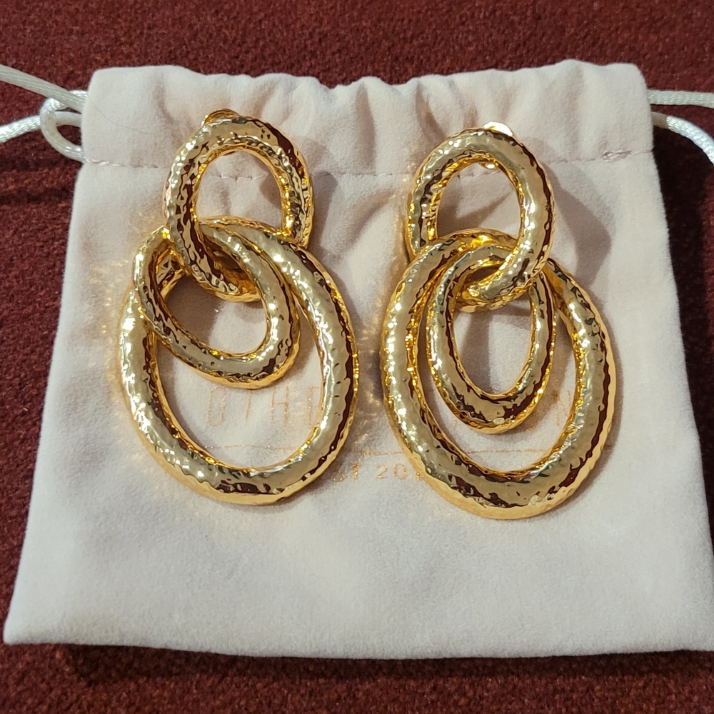 80R HAMMERED DOUBLE HOOPS GOLD LINK EARRING New